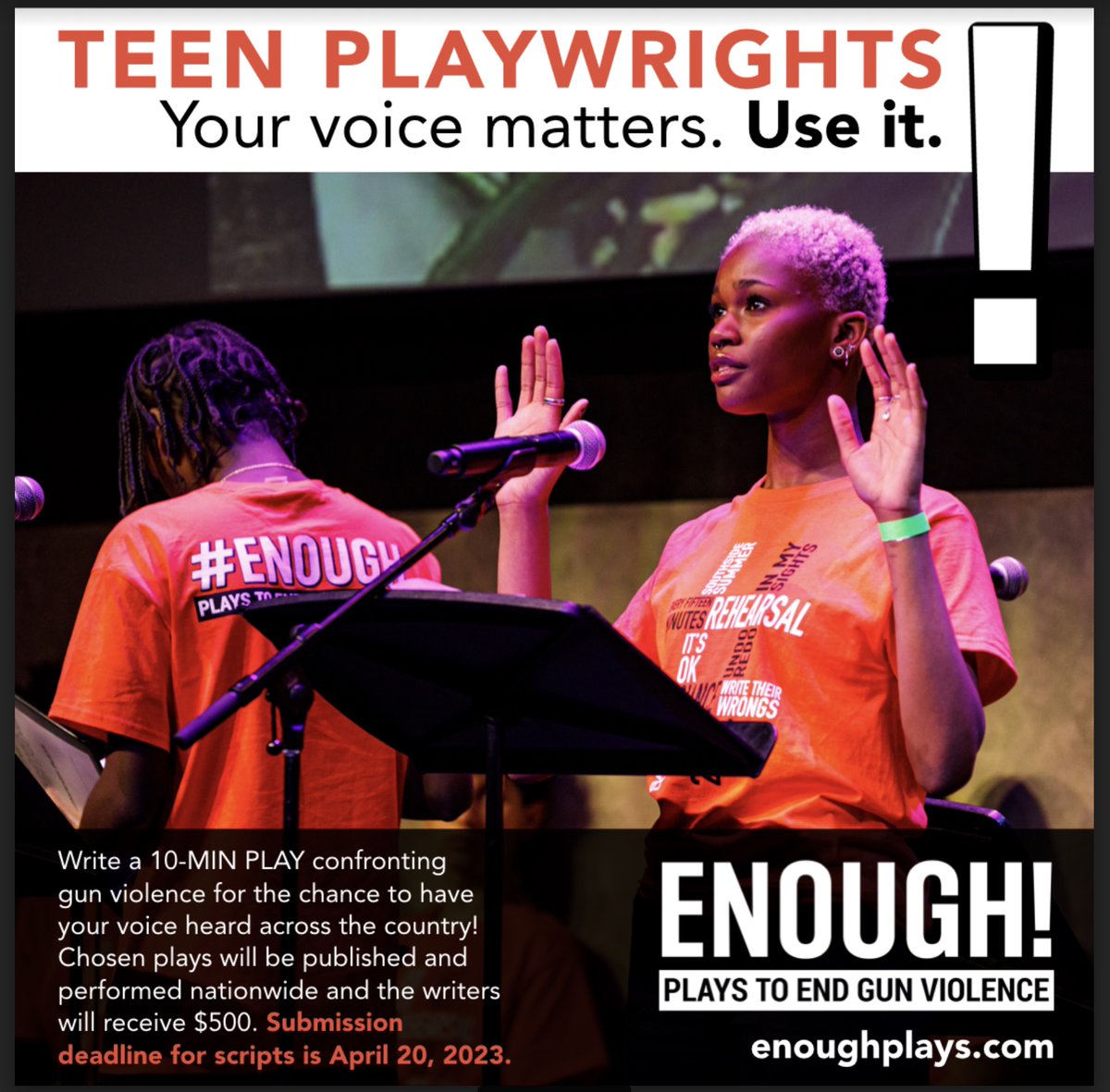 Our fellow ARTivists at @enoughplays want submissions from teens for 10 min. plays confronting #gunviolence. 
6 plays will be performed nationwide & the writers win $500. 
Deadline: 4/20/23
More: enoughplays.com
#WeSayENOUGH #youngplaywrights #youngwriters #teenwriters