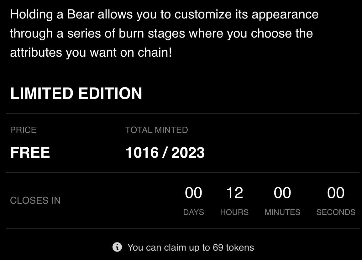 CreateYourBear's tweet photo. 🐻🐻🐻

Supply will now be capped at 2,023 pieces and mint ends in 12 hours

Will you be able to get one of the last 1,007 Bear Blanks?

#CreateYourBearCrew https://t.co/5US36orkqq