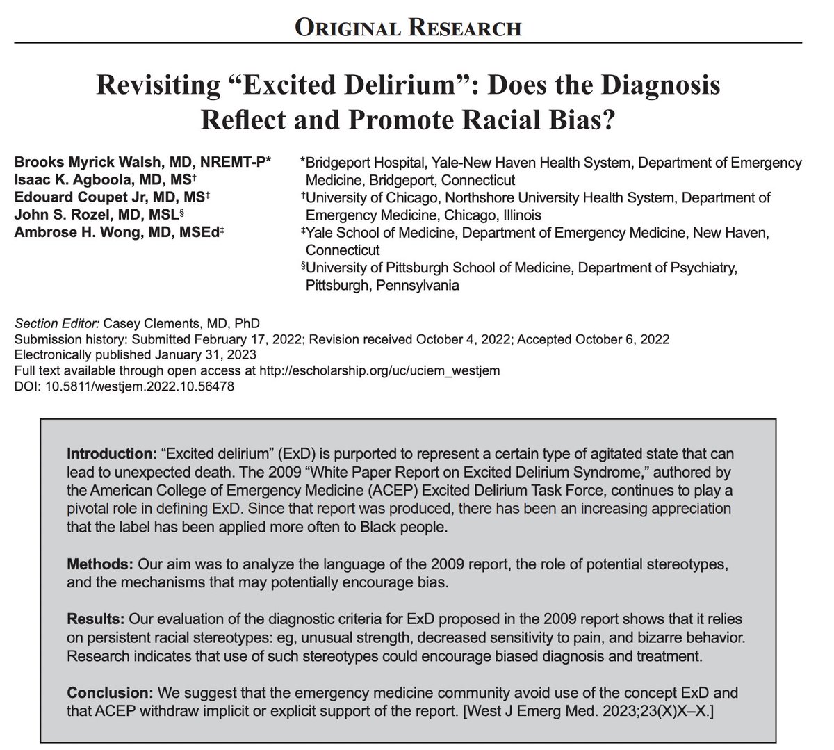 BrooksWalsh's tweet image. &quot;We urge that @ACEPNow actively rescind any explicit or implicit endorsement of the 2009 Report on #ExcitedDelirium Syndrome. 
This position should be communicated to law enforcement and to expert witnesses testifying in  civil and criminal litigation.&quot;
escholarship.org/uc/item/8b27k8…