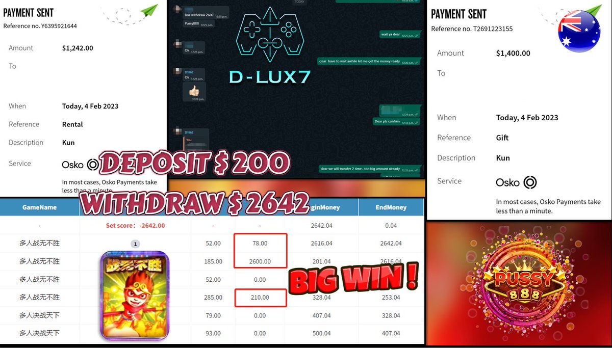 Dlux7Drive's tweet photo. PRODUCT - 🎮 PUSSY888 🎮

GAME - 🔥 多人战无不胜 🔥 

🎰‼️‼️WIN BIG IN ONE SPIN ‼️‼️🎰

DEPOSIT : 💥 AUD 200.00💥
CASHOUT : 💥 AUD 2,642.00 💥 

===============

🔹WELCOME BONUS 177%
🔹DAILY BONUS 30%
🔹UNLIMITED BONUS 10%
🔹DAILY AUTO REBATE 5%-10%
🔹REFERRAL BONUS 77% https://t.co/a7WGZSDCaA