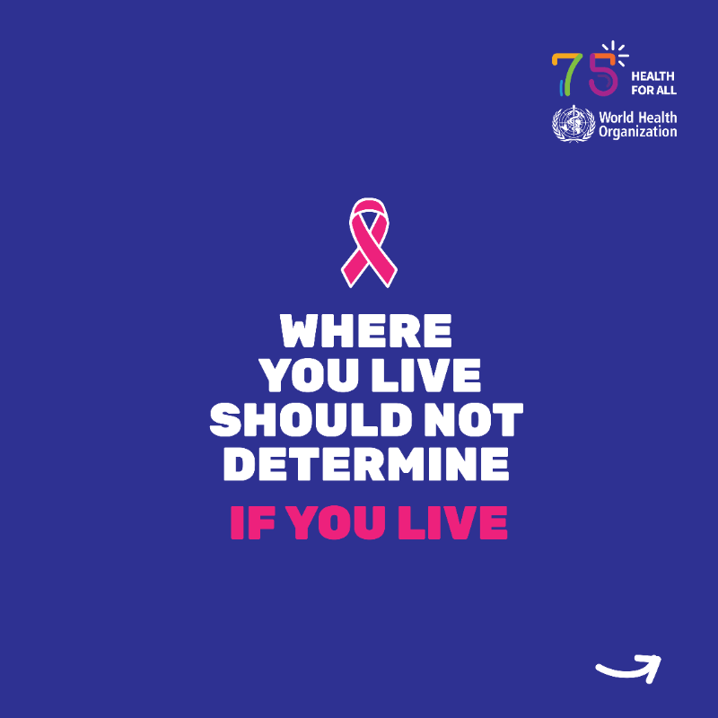 WHO's tweet photo. Today is #WorldCancerDay 

Few diseases reflect global inequities as starkly as #BreastCancer and #CervicalCancer.  

Nearly 8⃣0⃣% of deaths from breast and cervical cancer occur in low- and middle-income countries.  

#CloseTheCareGap in #cancer ⬇️