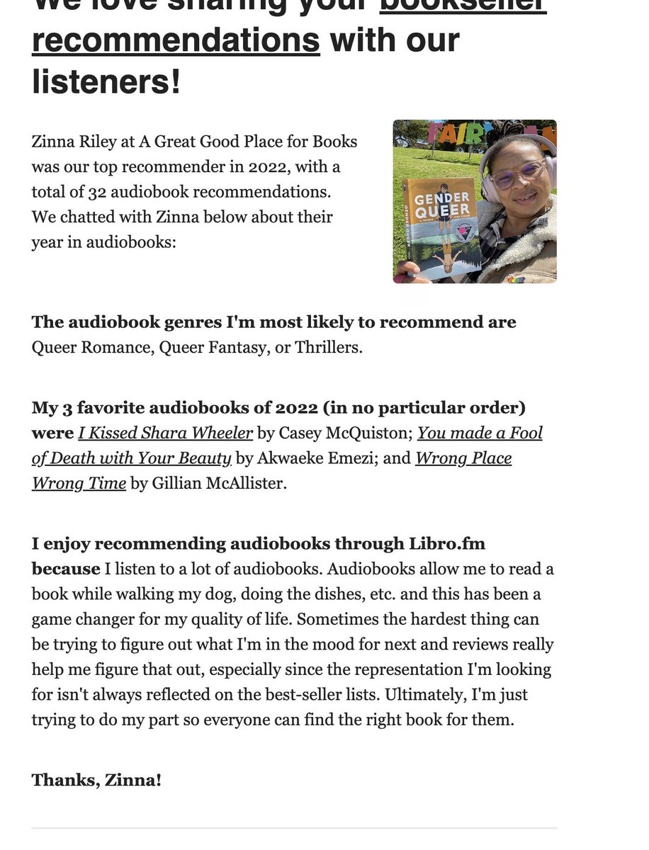 GreatGoodPlace's tweet photo. Dear friends GGP’s Zinna is the LibroFM’s top bookseller recommending audio books for 2022! Go Zinna, we love you oodles!!!!❤️❤️❤️
@GreatGoodPlace @librofm #audiobooksrule #librofm https://t.co/oRX4mmoKH8