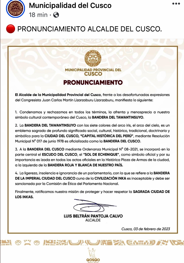 Municipalidad Provincial del Cusco a uno de los congresistas que abundan en el Parlamento: 

"La ligereza, insolencia e ignorancia de un parlamentario... es inaceptable".