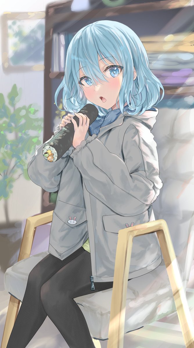 1girl solo food blue eyes makizushi sitting grey jacket  illustration images