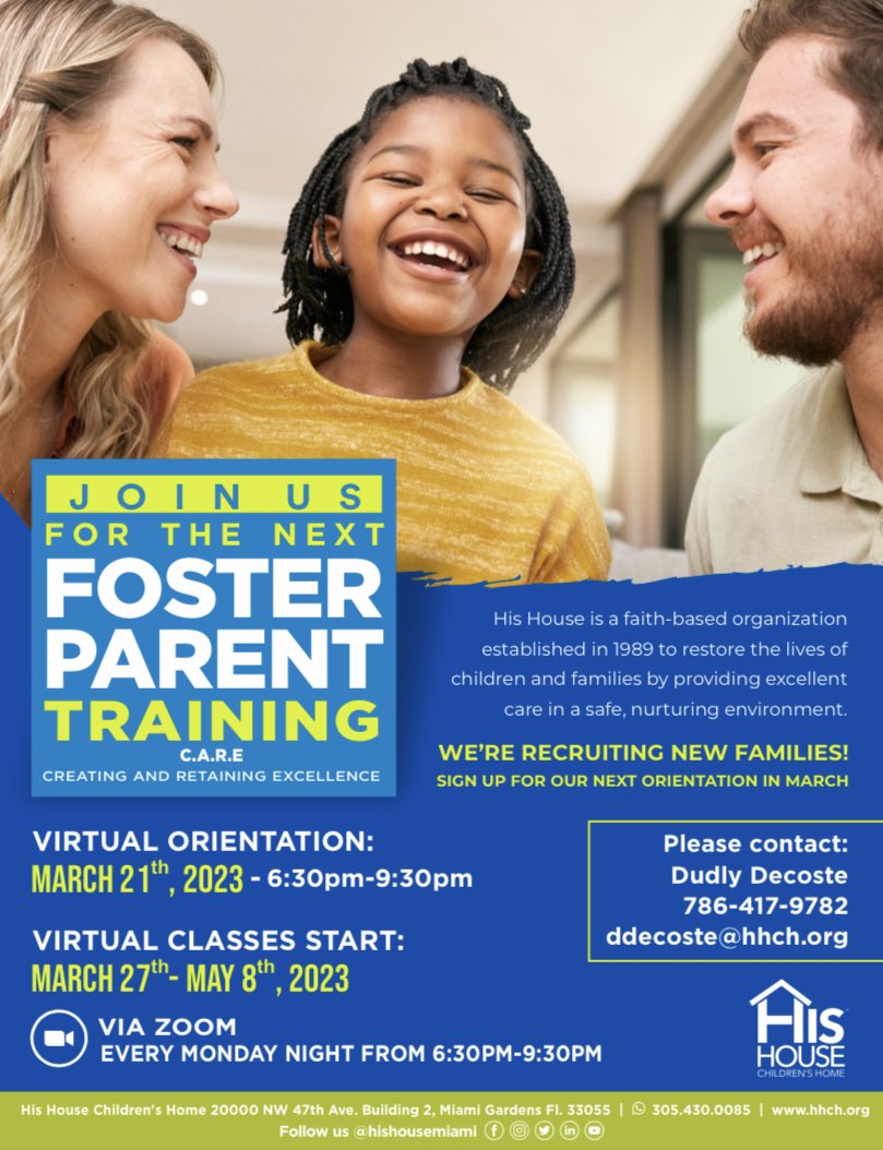 We need foster families! Register today to learn how you can change a child's life through our Foster Parent Program. Orientation will take place on March 21 at 6:30pm.

For more information, please contact Dudly at: 786-417-9782

#fosteringsaveslives #fosterchildren