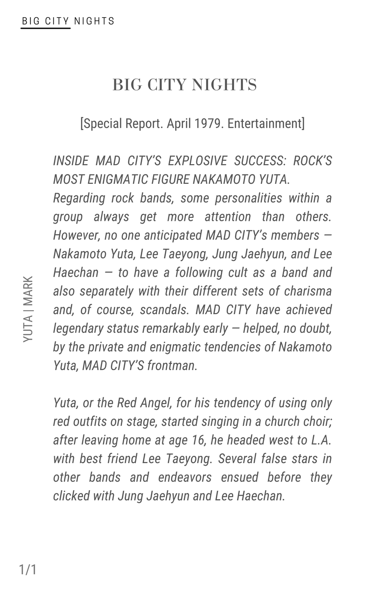 big city nights 
🎤 yumark [late 70s band au]
🎤  written for <a href="/yutabingo/">yuta bingo: resting 💤</a> [band au, piercings/tattoos, celebrities, happy ending]
🎤  explicit (tw: recreational drug use)
🎤  1/1; 17k words.
🎤  link: archiveofourown.org/works/44770039