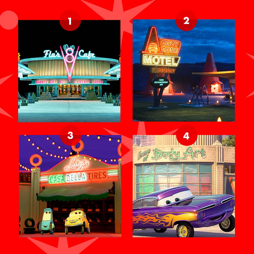 Imagine you’re in Radiator Springs… where are you going first? ⬇️ ⛽️ Flo’s V8 Cafe 💤 Cozy Cone Motel 🧡 Luigi’s Casa Della Tires 🎨 Ramone’s House of Body Art Other? Let us know.