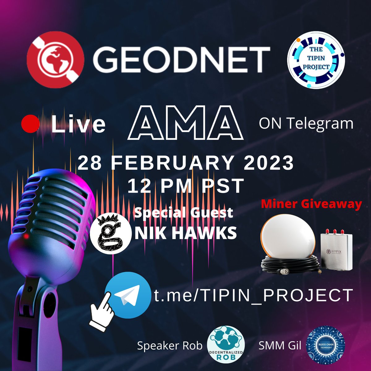 DcentralizedRob's tweet image. What are you doing Feb 28 @ 12:00 PM PST? Head to t.me/TIPIN_PROJECT for my conversation with @mikeahorton and @thegristleking as we discuss all things @GEODNET_  I get to give away a @HyfixAI Base Station to one lucky attendee! Tag someone below who wants a free miner 👇🔥