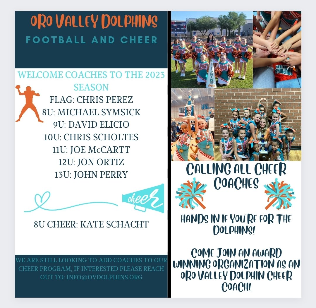 OV_Dolphins's tweet photo. We are excited for another fantastic season of youth football and cheer!!  Please welcome our 2023 coaches. Thank you to these wonderful volunteers who decided to dedicate their time to coach the youth in our organization. We are still in need of coaches for cheer! https://t.co/0gfmbw9Enk