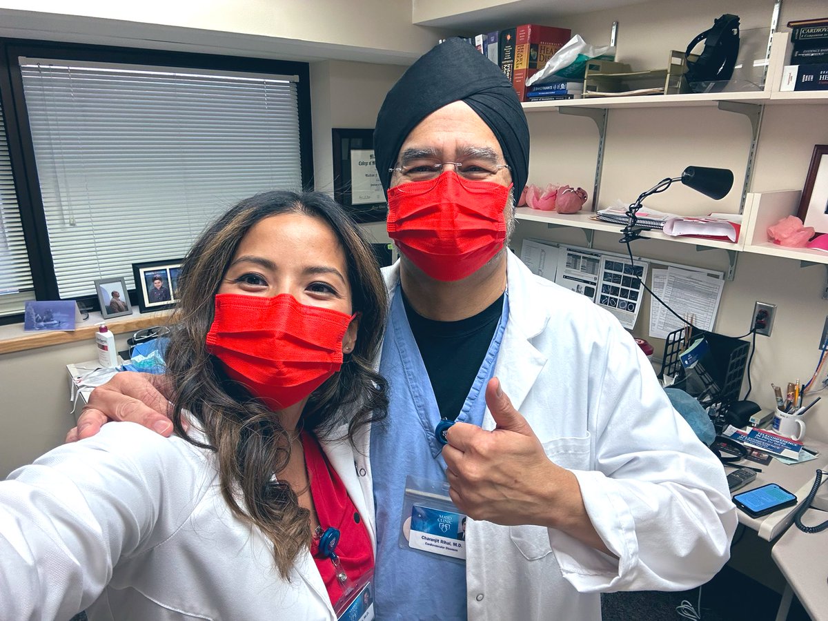 With my colleague and mentor @ChetRihal who literally treats 💃🏼💃🏽💃🏿’s 🫀 on #NationalWearRedDay. He promised to wear red scrubs next year 😏 #GoRedForWomen @MayoClinicCV @AHAMeetings @GoRedForWomen @MayoClinic @HeartAssocMN