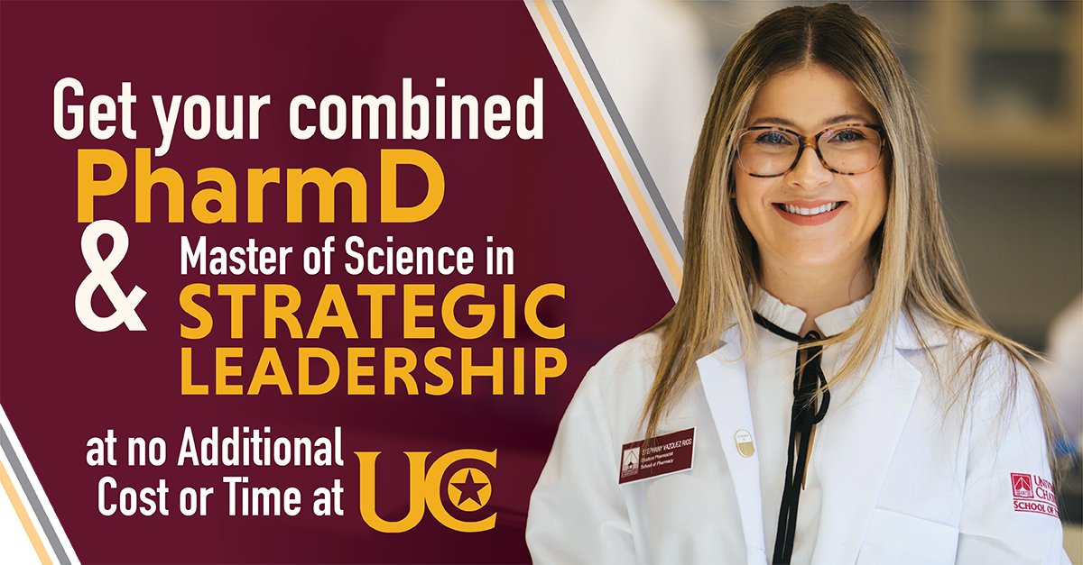UC School of Pharmacy students can add an MBA or a MSSL degree to their PharmD at no additional cost. Both degrees can be completed in four years – the same time it takes to complete the traditional PharmD degree. Visit ow.ly/3JOE50MJAxi learn more!
