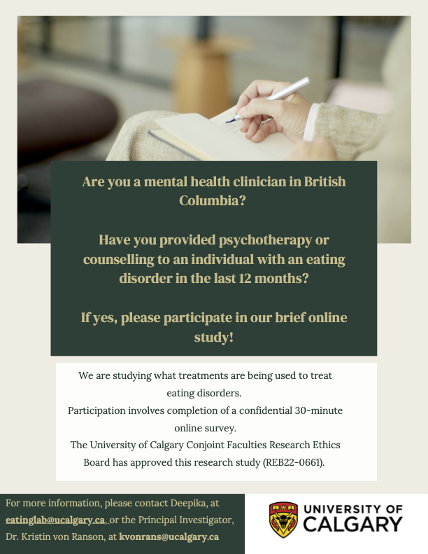 deepikaabajaj's tweet photo. We are recruiting clinicians in #BritishColumbia who have provided psychotherapy or counselling  to at least one individual with an #eatingdisorder in the past 12 months. @UC_EB_Lab @KristinvonRanso Check out the flyer for more information! https://t.co/WLEZua8FX0