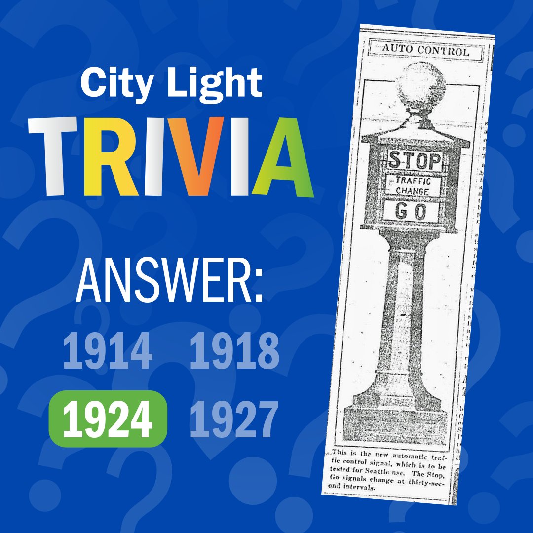 SEACityLight's tweet photo. The answer to our #CityLightTrivia question is 1924! Seattle installed its first automated electric streetlight at 4th Avenue & Jackson Street in 1924. It cycled through three signal messages: stop (red), traffic change (yellow) and go (green) in 30-sec intervals. https://t.co/wWnXdcSESk
