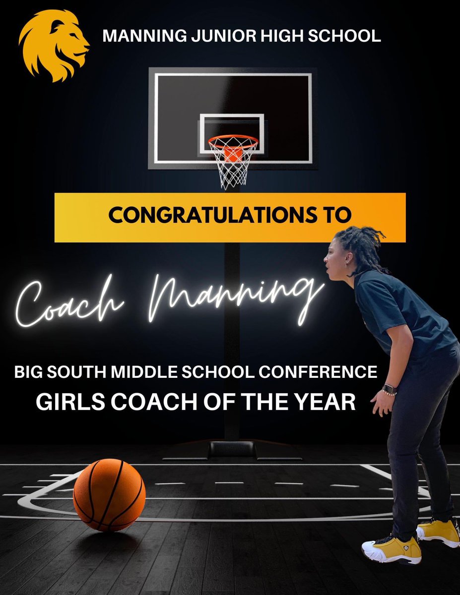 TarrickManning's tweet photo. Congratulations, Coach Khamele Manning for being named Big South Middle School Conference Girls coach of the Year. She will coach the All Star team this year. 🦁🏀

Clarendon County School District. https://t.co/v7IYUS1Hma