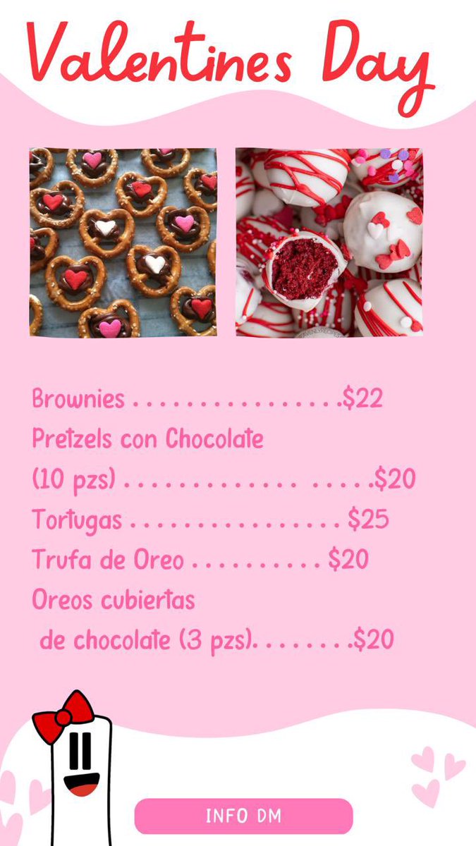 bordibagrash's tweet image. Hola!! Se acerca Valentines y mi jefatura y yo estaremos vendiendo postres para que les regalen a sus personas favoritas 💗💗
Etiqueta a la persona que debería regalarte un postre 😋
Haz tu pedido aquí!! forms.gle/CFwL5v9c5oMW6C…