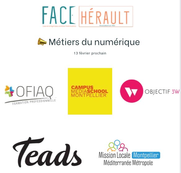 [📣Métiers du numérique] 

🤩Vous êtes interessé.e.s par les métiers du numérique mais vous ne vous repérez pas dans les formations et la palette de métiers ? 

💡Venez rencontrer <a href="/TeadsFR/">Teads FR</a> <a href="/MS_Montpellier/">MediaSchool Montpellier</a> <a href="/OphelieOfiaq/">OFIAQMtp</a> <a href="/Objectif3W/">Objectif 3W</a> 
Inscriptions :
lnkd.in/dgTWuUAP