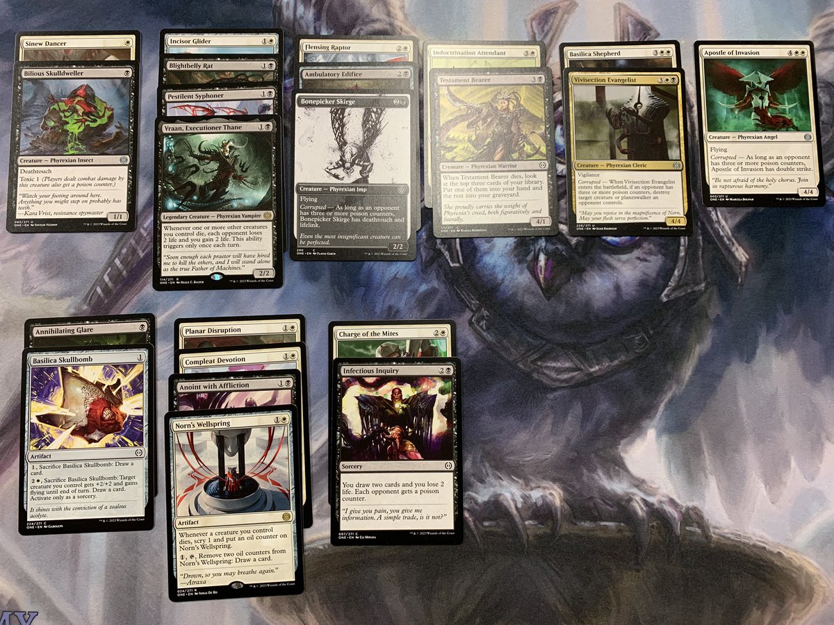 imtilley's tweet photo. 4-0 at the first of four #MTGPhyrexia pre-releases. Didn’t open a rare that cost more than 2 but my unexciting but consistent pool was enough to go all the way. 
Stand out cards: Norn’s Wellspring + Vivisection Evangy https://t.co/AYe21KWGna