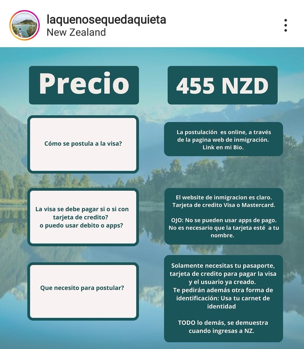 ayun_ayinray's tweet photo. Ojo chilenos 🇨🇱!! Se abrieron las postulaciones para visas working holiday a Nueva Zelanda. Les dejo algo de información 👇. Edades: entre 18 y 35 años!!

Si tienen dudas me escriben, yo feliz de dar una mano a quien lo necesite.

#chile
#workingholiday
#notearrepentiras https://t.co/HuQ25Ms3gs