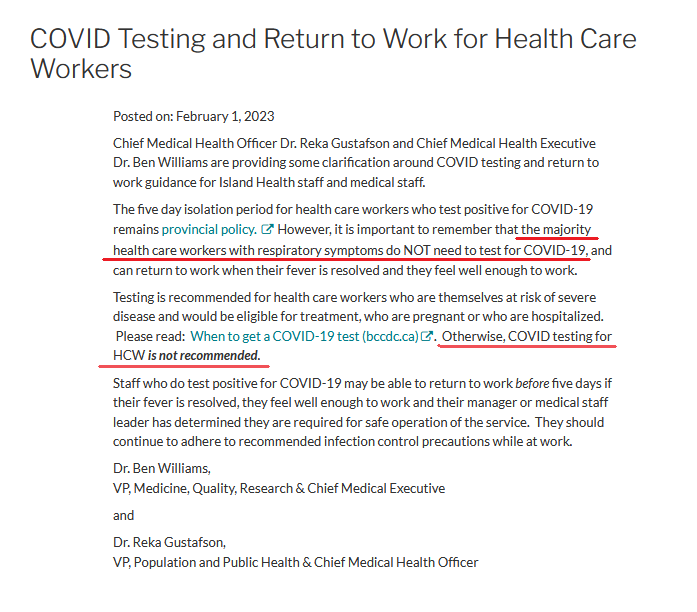 GoldenSaint's tweet photo. This is pretty outrageous- HCW's in BC are being told to NOT test themselves for COVID-19 and therefore do not need to isolate for 5 days.

In a memo to staff, Island Health's Dr. Réka Gustafson says the majority of HCW's should not be tested and discourages them from doing so. https://t.co/DiH5bphw6m
