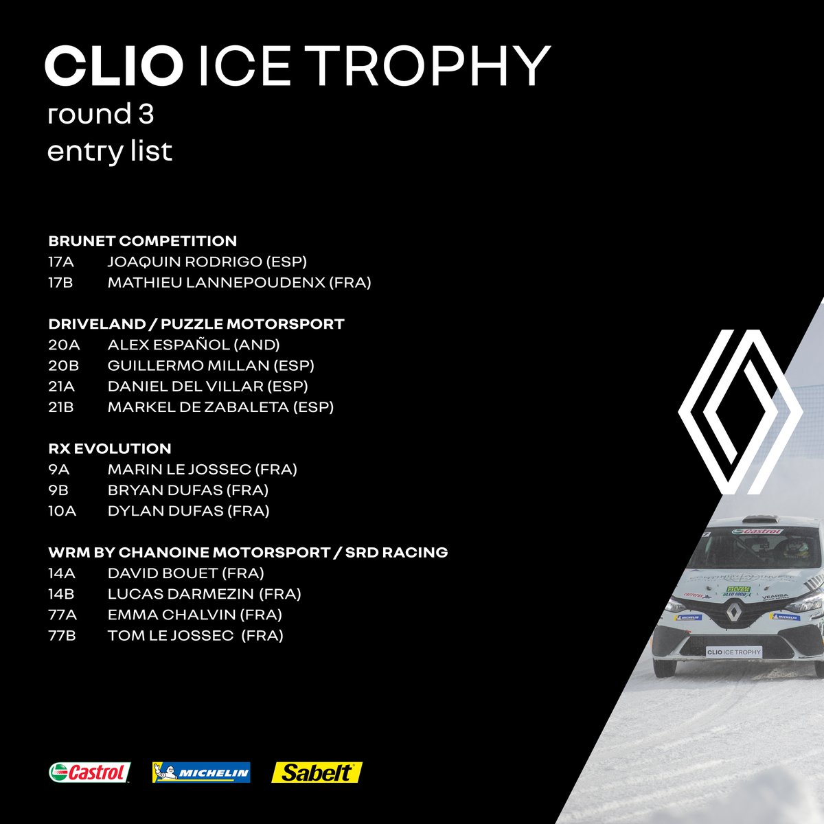 It's race day with the penultimate round of the #ClioIceTrophy! 

🔁 Marin Le Jossec, Tom Le Jossec and <a href="/MarkelDzg/">Markel DZG</a> return
➡️ Maiden appearance for Emma Chalvin, Daniel Del Villar and Guillermo Millan!

👉 Follow the action live on livetiming.alkamelsystems.com/creditandorrag…