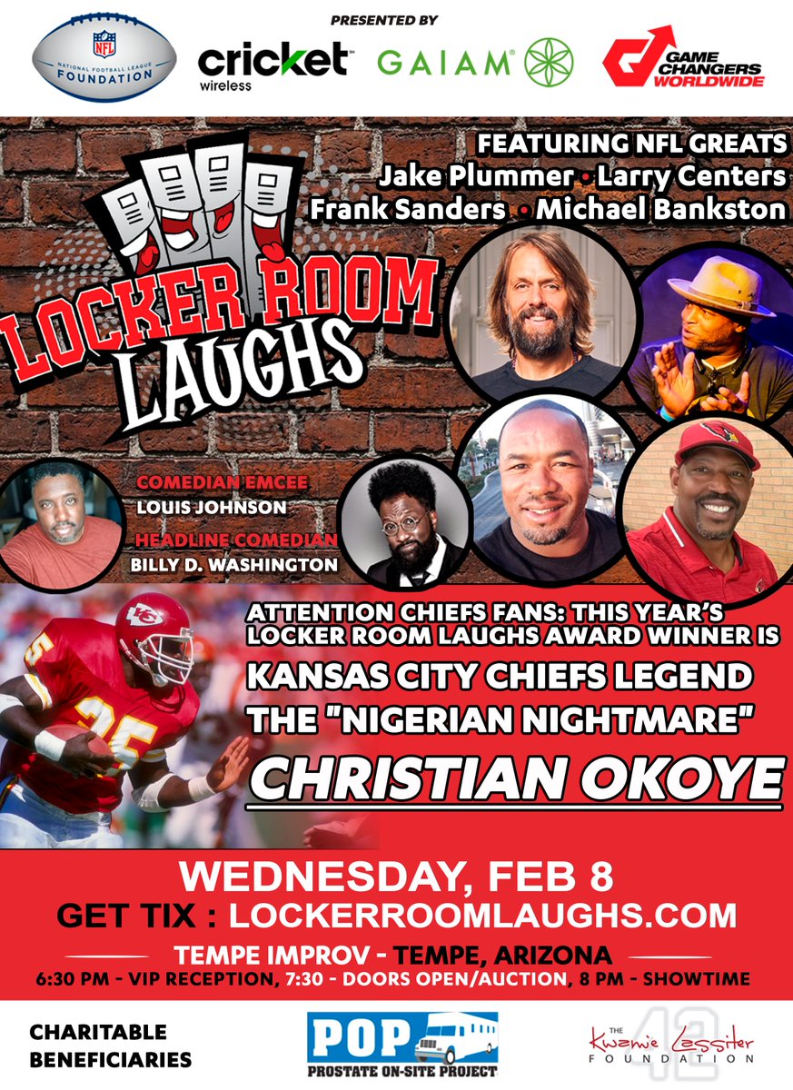 LockerRoomLaugh's tweet photo. We’re proud to announce that this year’s Locker Room Laughs award winner is the incomparable Christian Okoye. See Christian at Locker Room Laughs next Wednesday in Tempe! Get your tickets here:https://t.co/1oEALgV097  #SuperBowl #superbowl2023 #kansascitychiefs https://t.co/JS8k6fgOaC