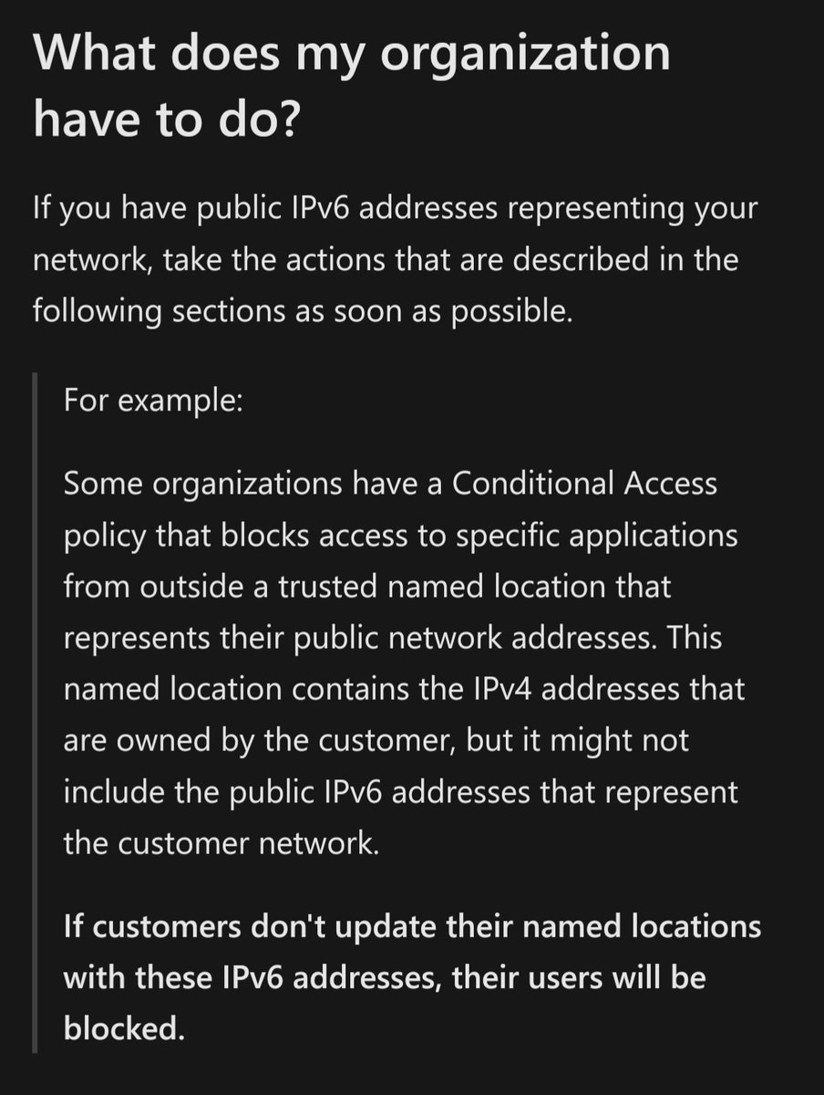 Does your company have external IPv6 addresses and you use #AzureAD ?
Then better update your named locations.

#CAP #ConditionalAccess

learn.microsoft.com/en-us/troubles…