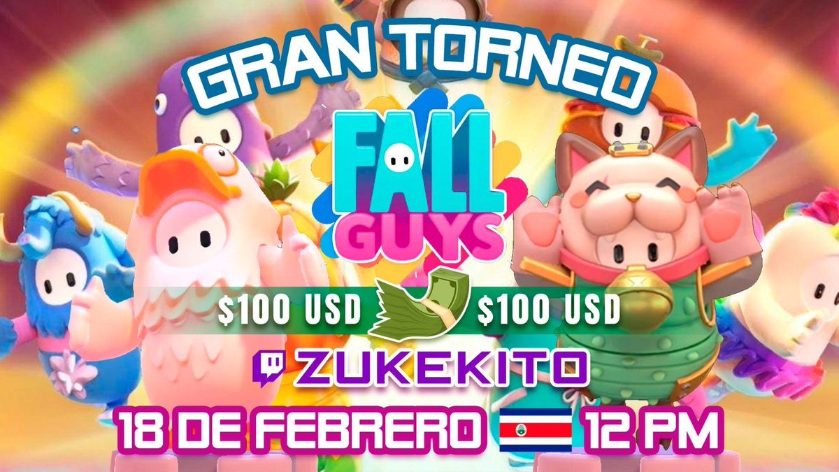 Torneo por 100USD El 18 de Febrero a las 12PM Costa Rica se estara efectuando en el canal:
twitch.tv/zukekito

El Torneo es a 3 Wins, para participar deben dar RT y Like a este Post y Comentar ME ANOTO + Nick

MAS INFORMACION: SEGUNDO MENSAJE

 #FallGuys    
 #TorneoFallGuys