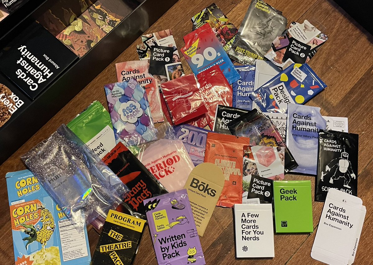 JustMeAmanda13's tweet photo. Some call it an obsession, I call it my favorite collection! I have pretty much everything from @CAH, even items they didn’t want you to buy (like the 69inch box)! Just got my new Boks case &amp; I am in love! Pick a pack, I bet I have it! Roughly 4600 in total cards &amp; counting! https://t.co/aT4LZAjrLV