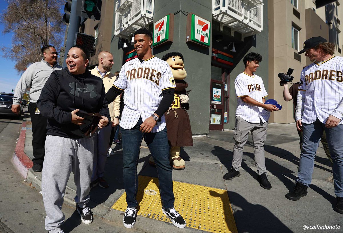 Instafan. If you are going to greet Padres Juan Soto on the street, best not wear a Dodgers hat. He might just toss it aside and give you the Padres hat off his head. #PadresCommunityTour
