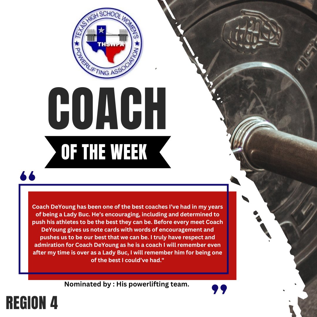 Congratulations to Coach Matthew DeYoung <a href="/MWDeYoung/">Matt DeYoung</a> from East Chambers HS for being selected as Region 4 Coach of the Week! Your coaching exemplifies hard work, integrity, and sportsmanship for all to see. Thank you from THSWPA! Keep up the good work. #thswpa #thswpar4
