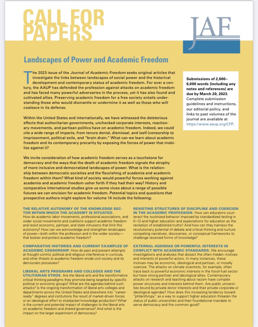 Call for Papers for the Journal for Academic Freedom @AAUP “Landscapes of Power and Academic Freedom.” We seek articles that discuss how academic freedom serves as a touchstone for democracy: What is the relationship between democratic societies and academic freedom?@M_C_Dreiling