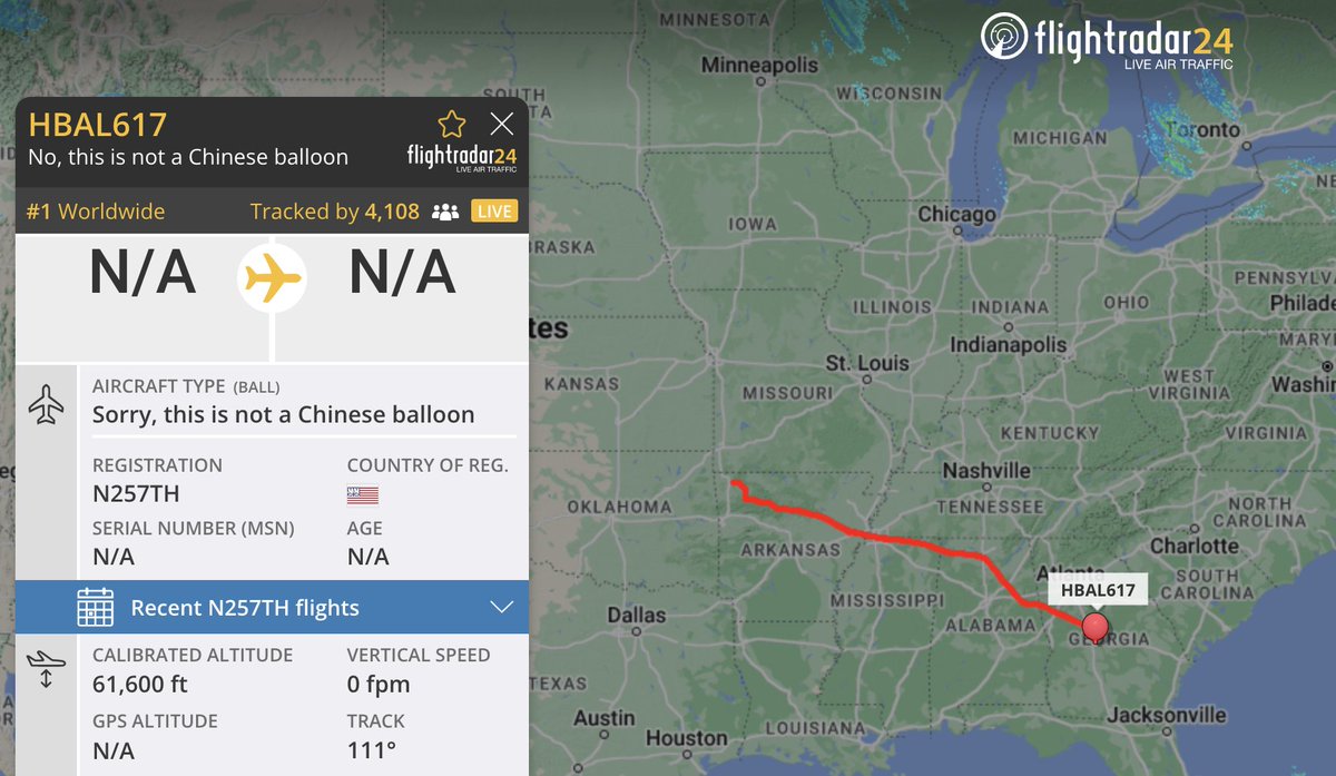 flightradar24's tweet photo. To provide additional clarity about what balloons are and are not visible on Flightradar24, we’ve updated our database entry for N257TH. N257TH is a standard high altitude research balloon, often released over the US and is not the Chinese balloon. https://t.co/vJ8YqGudAU https://t.co/qxvx7tlFXK