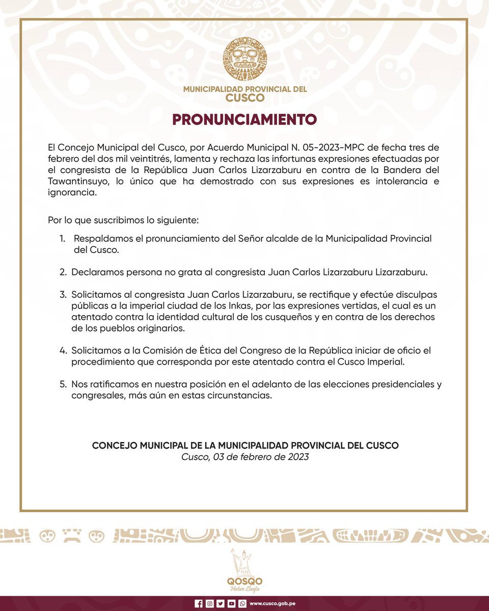 munidelcusco's tweet photo. #QosqoHatunLlaqta
En Sesión Extraordinaria del Concejo Municipal, mediante un pronunciamiento se declaró persona no grata a congresista Juan Lizarzaburu Lizarzaburu por sus expresiones en contra del símbolo cultural contemporáneo del Cusco, la bandera del Tawantinsuyo https://t.co/8MMgCWmFzj