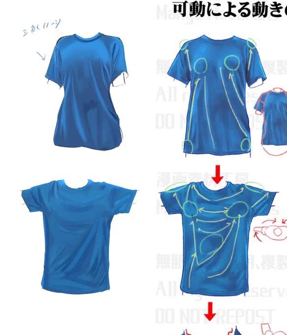 服の皺を描くのが苦手なので練習中胸から引っ張られるシワは縦 たるんでるのは横に皺をかいて形としては三角形を意識してシワを描いていったほうがいいかもしれない 