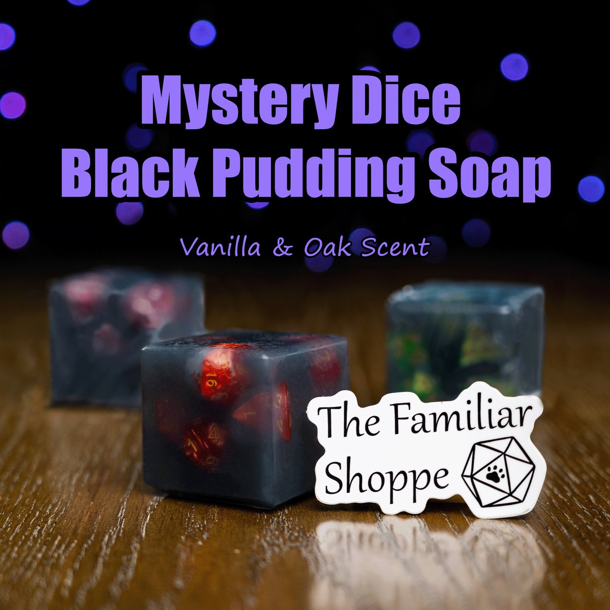 ShoppeFamiliar's tweet photo. Let yourself be engulfed by the warm scent of Vanilla &amp; Oak with our Black Pudding soap. Before long it will reveal a mystery set of dice trapped inside  #dungeonsanddragons #dnd #dice #dndsoap https://t.co/fHvvNRtEnd