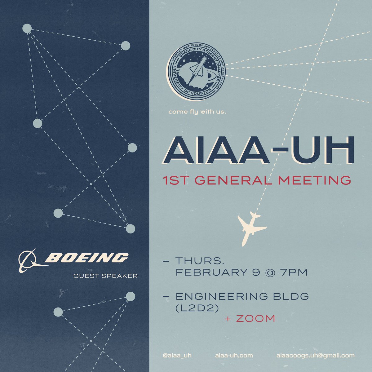 AIAA_UH's tweet photo. AIAA would like to welcome you to this year’s first general meeting! Join us February 9th @ 7 to hear exciting updates from officers, team leads + a special guest speaker from Boeing!
Meet us in-person in L2D2 or online via Zoom!
#aiaauh #aiaa #UHEngineering #boeing https://t.co/EkIUrR3BJe