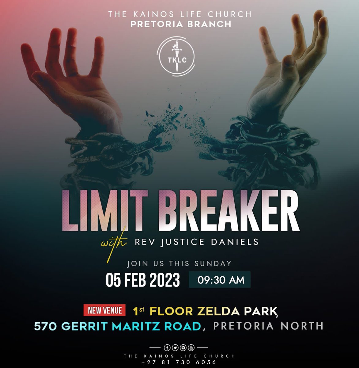 DanielsJustice's tweet photo. LIMIT BREAKER service at our New Venue @ Zelda Park, Nō 570 Gerrit Maritz Road, Pretoria North. 
God is always able to do exceedingly abundantly above what you can ask or think. See you Sunday. https://t.co/1MsuRMYsrS