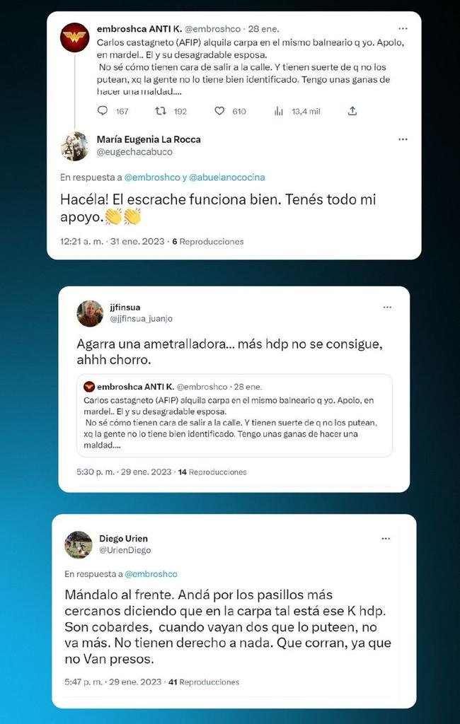 MartnPeiretti1's tweet photo. 🟥⛔️⚠️ De esta manera trolls enviados por el macrismo y el Partido Libertario, amenazaron de muerte a Castagneto, Director de AFIP. Así empezaron las amenazas contra Cristina Kirchner, que luego casi terminan con el asesinato a la vicepresidenta. Así hace "política" la derecha. https://t.co/ZoyJRtfpI7
