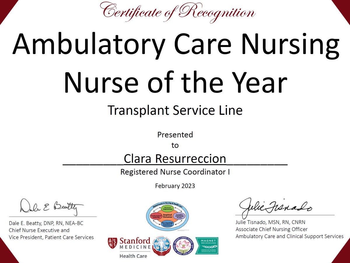 Stanford Heart Failure, Cardiac Transplant and MCS (@stanford_hf) on Twitter photo 🏆🏆🏆So proud of <a href="/StanfordMed/">Stanford Medicine</a> Heart Transplant's awesome pre-transplant coordinator Clara Resurreccion being named the Transplant Service Line's Ambulatory Nurse of the Year‼️
Congrats from the entire team🎆🎇🎉‼️
<a href="/StanfordCVI/">Stanford CVI</a> <a href="/Stanford/">Stanford University</a> @StanfordCTSurg <a href="/ISHLT/">The ISHLT</a> <a href="/AST_info/">American Society of Transplantation (AST)</a> 🏆🏆🏆So proud of <a href="/StanfordMed/">Stanford Medicine</a> Heart Transplant's awesome pre-transplant coordinator Clara Resurreccion being named the Transplant Service Line's Ambulatory Nurse of the Year‼️
Congrats from the entire team🎆🎇🎉‼️
<a href="/StanfordCVI/">Stanford CVI</a> <a href="/Stanford/">Stanford University</a> @StanfordCTSurg <a href="/ISHLT/">The ISHLT</a> <a href="/AST_info/">American Society of Transplantation (AST)</a>
