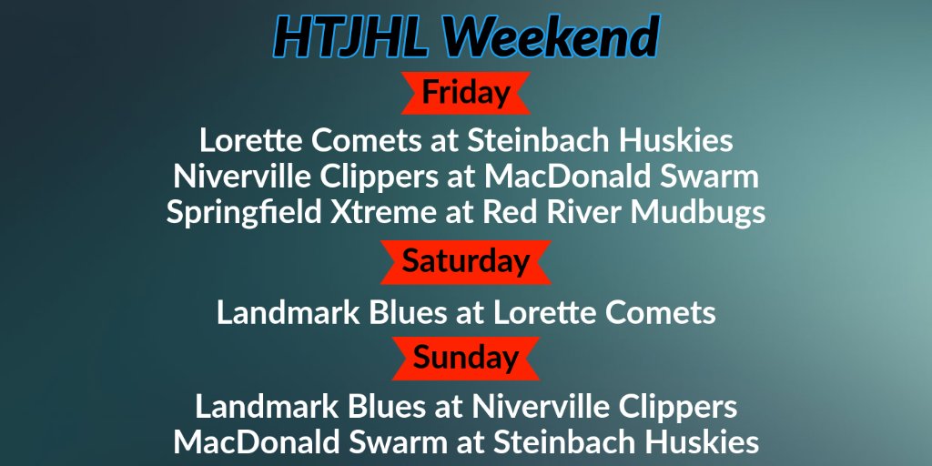 #HTJHL game night! 
8:00 PM <a href="/XtremeJrHockey/">Springfield Xtreme</a> at <a href="/RedRiverMudbugs/">Red River Mudbugs</a> 
8:00 PM <a href="/LoretteCometsJr/">Lorette JR Comets</a> at <a href="/SteinbachHTJHL/">Steinbach Jr. Huskies</a> 
8:15 PM <a href="/ClippersJr/">Niverville Clippers</a> at @MacDonaldSwarm 
htjhl.com/schedule.php