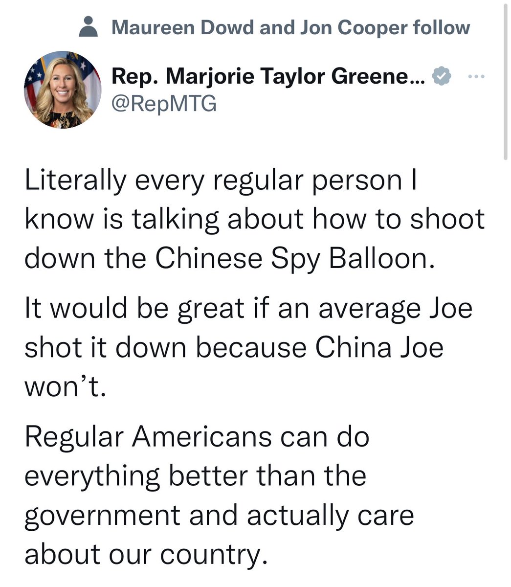 Oren_Jacobson's tweet photo. I want to meet the regular Americans who can shoot down a balloon flying 60,000 feet above Montana. https://t.co/V4qXsxLvoi