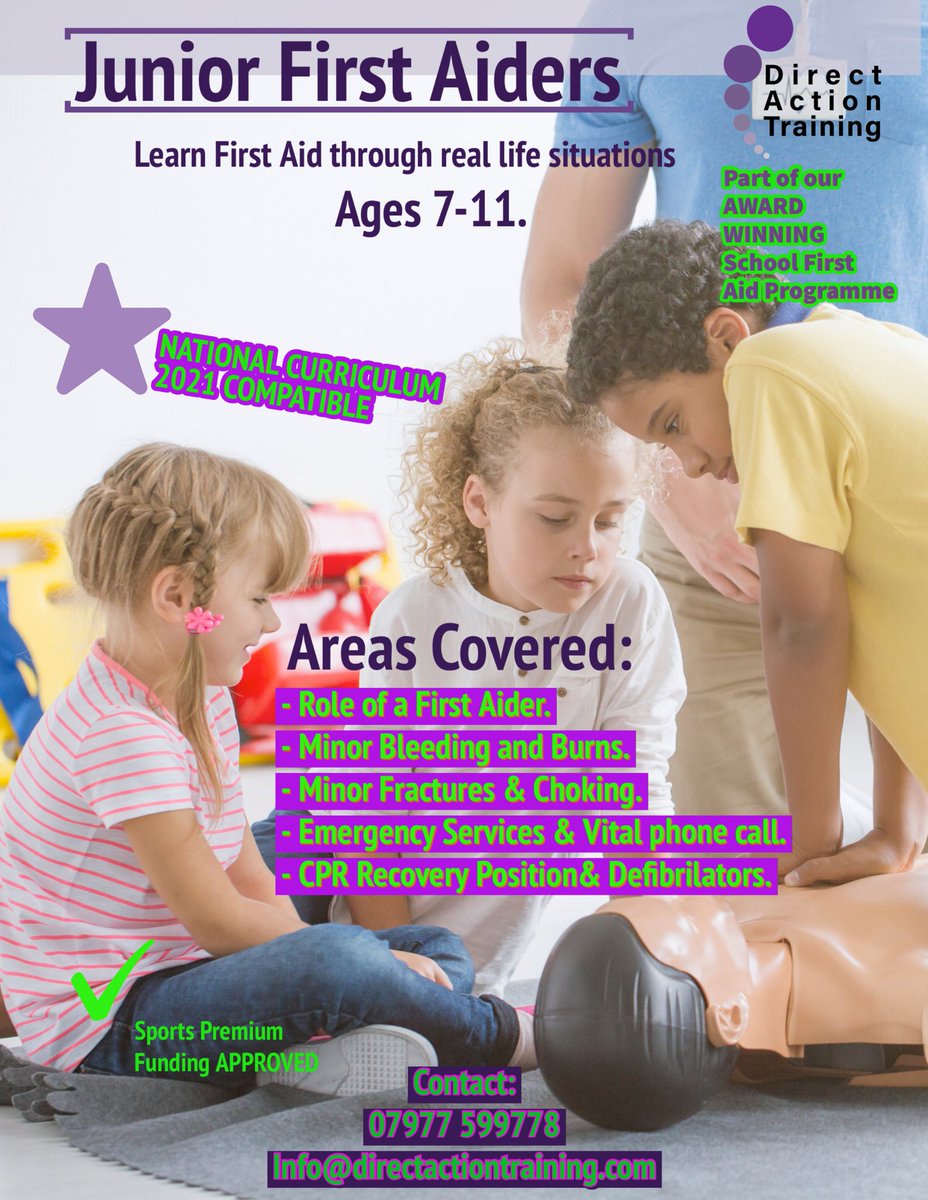 _FirstaidSchool's tweet photo. LANCASHIRE &amp; YORKSHIRE | We are delighted to announce that Junior First Aiders has arrived. Find out more and receive our Winter offer £100 off per programme.
📧info@directactiontraining.com @theharmonytrust @StarAcademies @BrightFuturesET @DeltaTrust_Org @astreaacademies https://t.co/iXWqAocRGD