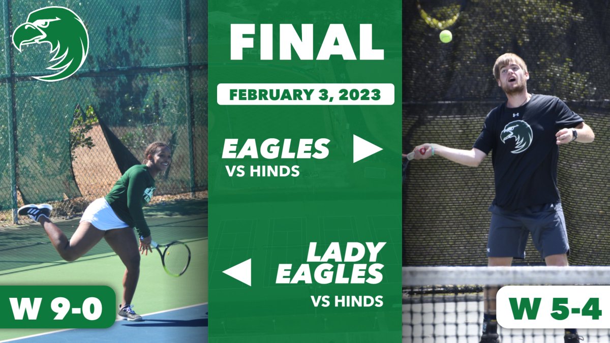 MCCEaglesSports's tweet photo. FINAL. @MCCEaglesTennis went on the road to Raymond and picked up 2 wins at Hinds. The Lady Eagles won all 9 courts and the men won 5. MCC is back on the court Monday when they host Coastal Al South. 
#mcceagles
#findyourwings
#meridiWIN https://t.co/8MaJCRSckg