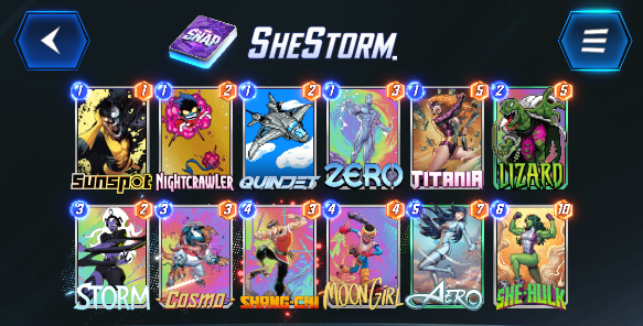 OceanMud's tweet photo. I know a lot of people are working to hit infinite. If you need that little push to bridge the gap -- try this deck. 

Aero and she hulk will carry you.

Tip: Play early cards location 3 so when you storm, you already have the advantage. 

@MarvelSnapZone @SnapDecks #MarvelSnap https://t.co/WcUkdmkC1s