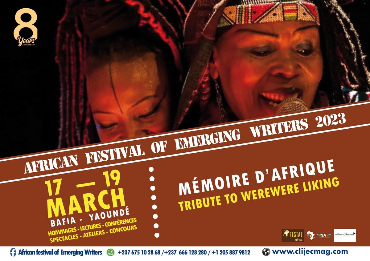 RDjimeli's tweet photo. WE ARE BACK ! WE ARE BACK !!!

L'African Festival of Emerging Writers est de retour. Rendez-vous à Bafia et à Yaoundé du 17 au 19 mars prochain pour d'autres rencontres chaleureuses autour de nos littératures. Thank you very much to those who support this project. 

#festae2023 https://t.co/oJZqBDCISF
