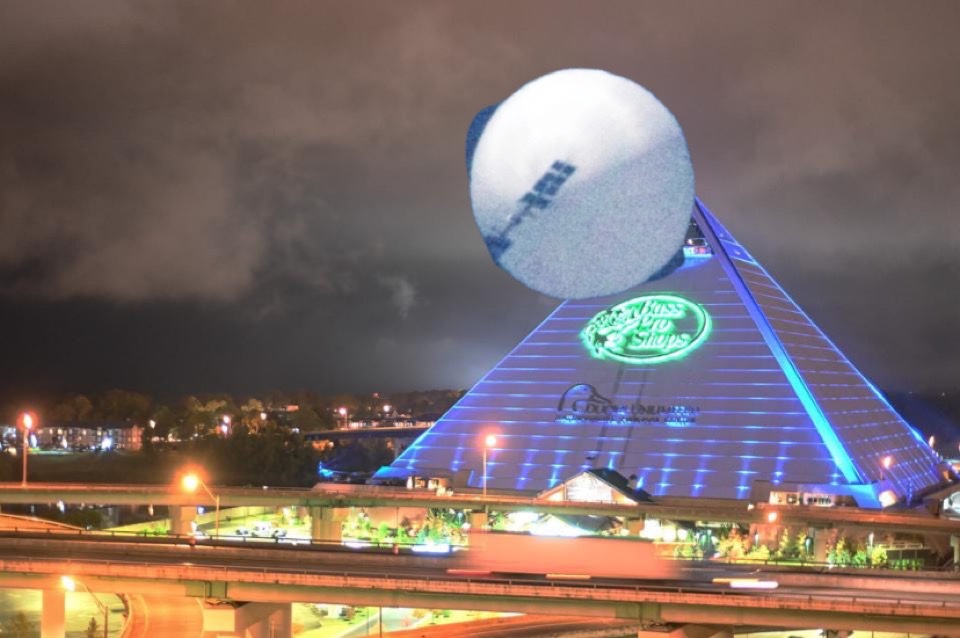 harrodmark's tweet photo. Artist’s rendering of the balloon getting lodged on the bass pro pyramid @HollyAnderson @harrod12 https://t.co/qqCw6SIXYu