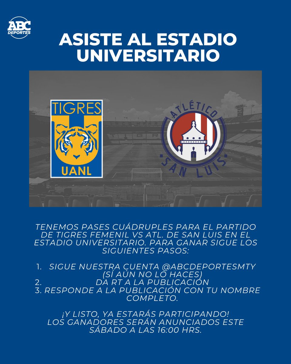 🐯 #TIGRESFEMENIL | ¡🎫 PARTICIPA Y GANA CON ABC DEPORTES 🎫!

Tenemos 6⃣ pases cuádruples para el partido de este lunes entre las felinas y el Atlético de San Luis, sigue las indicaciones de la imagen y ya estarás participando.

#ABCDeportes | 📻 92.1 FM y 660 AM