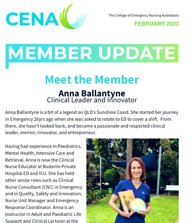 Late last year <a href="/CENAorg/">Cena</a> reached out &amp; asked to do a ‘meet the member’ piece. It went live a few days ago. 
I am super proud of my profession, crit care colleagues and thankful for the journey. What an honour to live &amp; work among it. mailchi.mp/6d0f3d4d5aba/c…