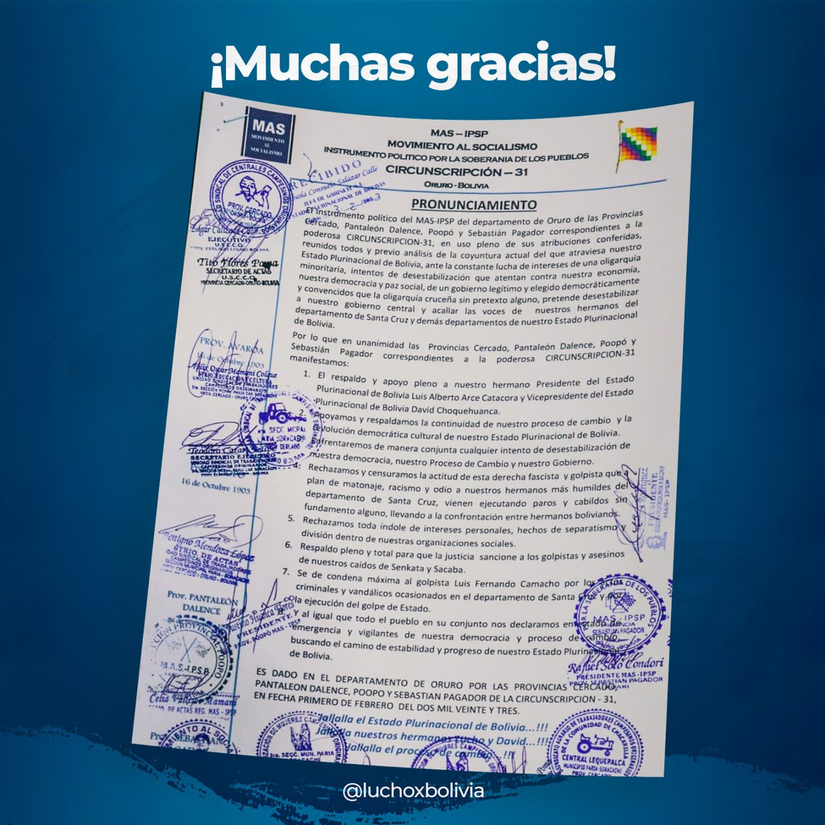 LuchoXBolivia's tweet photo. Agradecemos el respaldo de nuestras regiones orureñas del MAS-IPSP agrupadas en la Circunscripción 31. Siempre responderemos a su cariño y confianza con mucho trabajo para reactivar la economía orureña. https://t.co/yD1hYtfIaY