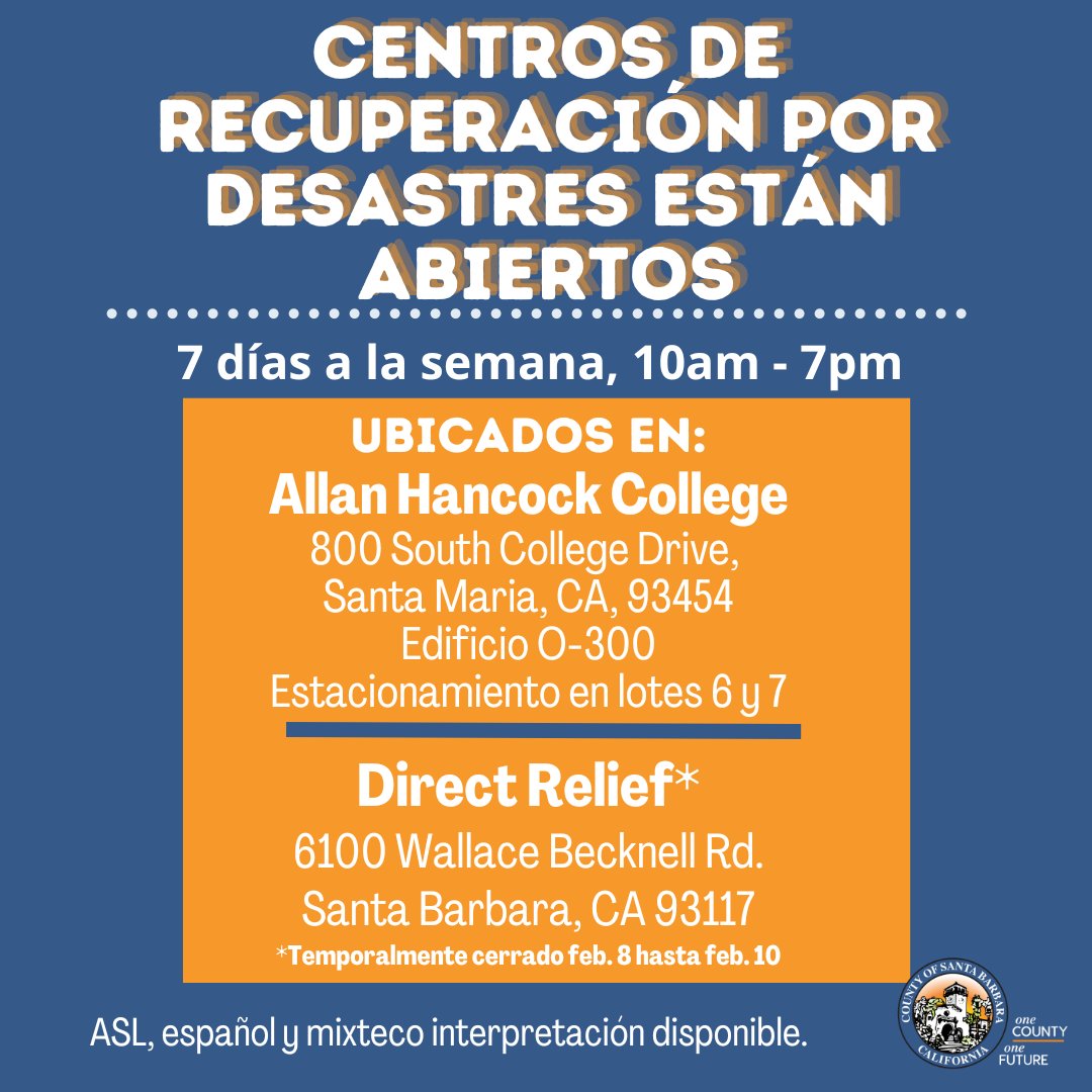 csbenespanol's tweet photo. 📢Los Centros de Recuperación por Desastres en Allan Hancock College en #SantaMaria y Direct Relief en #SantaBarbara permanecerán abiertos durante el fin de semana. Pase con preguntas para agencias locales, estatales y federales.
🖱️ Más información en https://t.co/fejvOnMpn3 https://t.co/ELdsy0CaIH